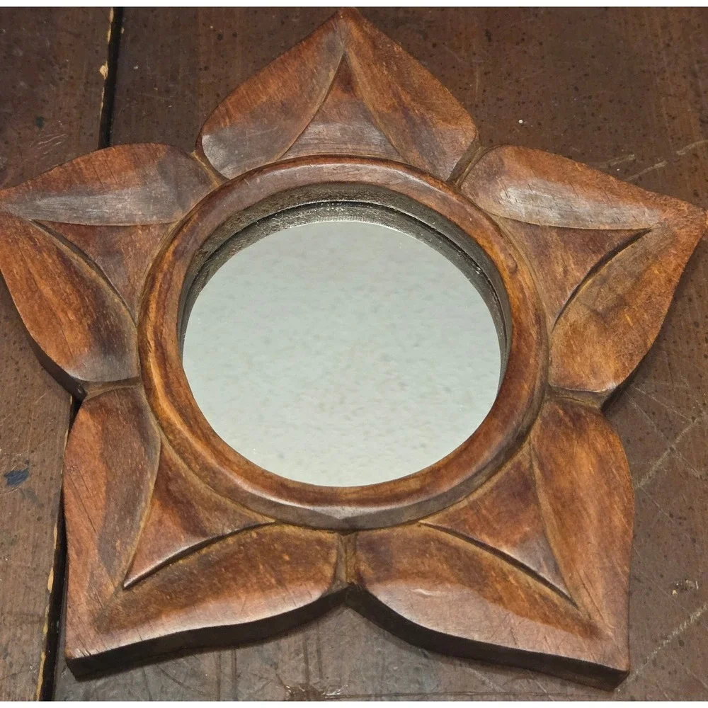 World Market Star Mirror 8.5in Brown Carved Wood Boho Wall Decor Indonesia